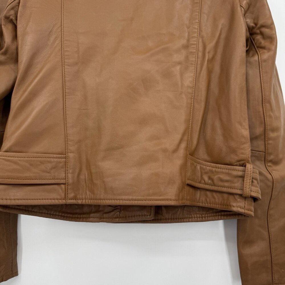 Quince Women's Cognac Leather Motorcycle Jacket size XS Sheep Leather Belted - Picture 15 of 16